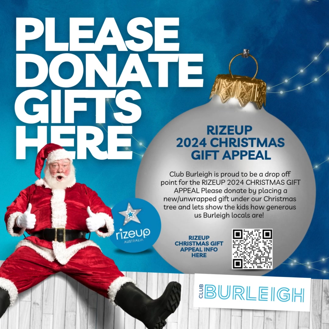 Featured image for “Club Burleigh is stoked to be your local drop-off spot for the RizeUp Christmas Gift Appeal. Let’s show these kids what an epic, big-hearted community looks like!”