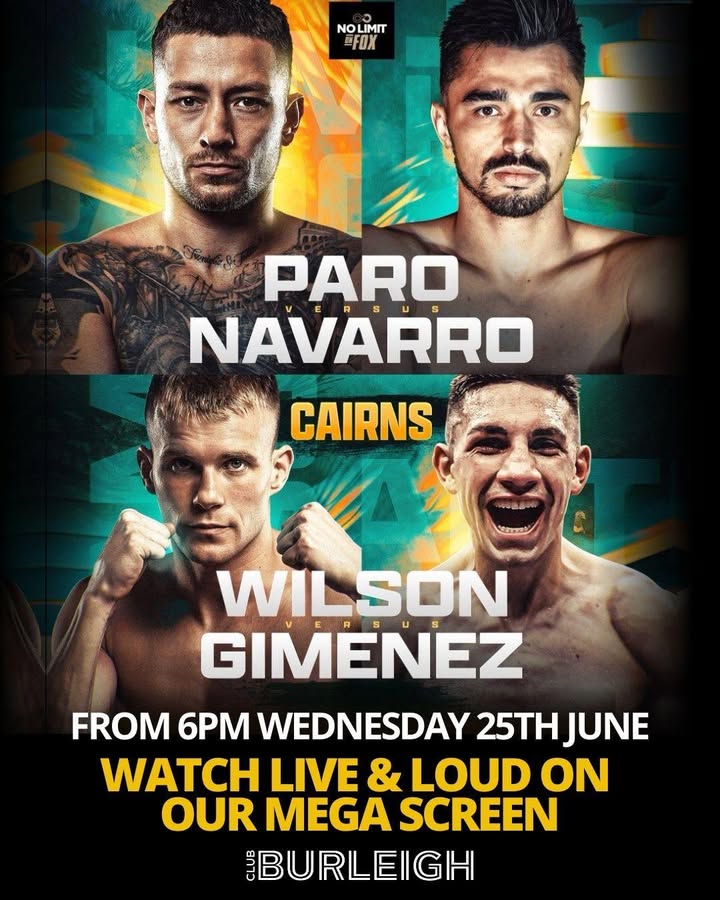 Featured image for “Live and Loud Boxing Night: Liam Paro vs. Jonathan Navarro & Liam Wilson vs. Ayrton Gimenez at Club Burleigh”
