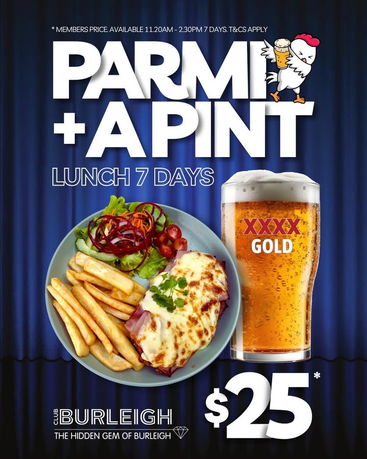 Featured image for “Iconic Parmi and Pint Special: $25 Deal at Club Burleigh”