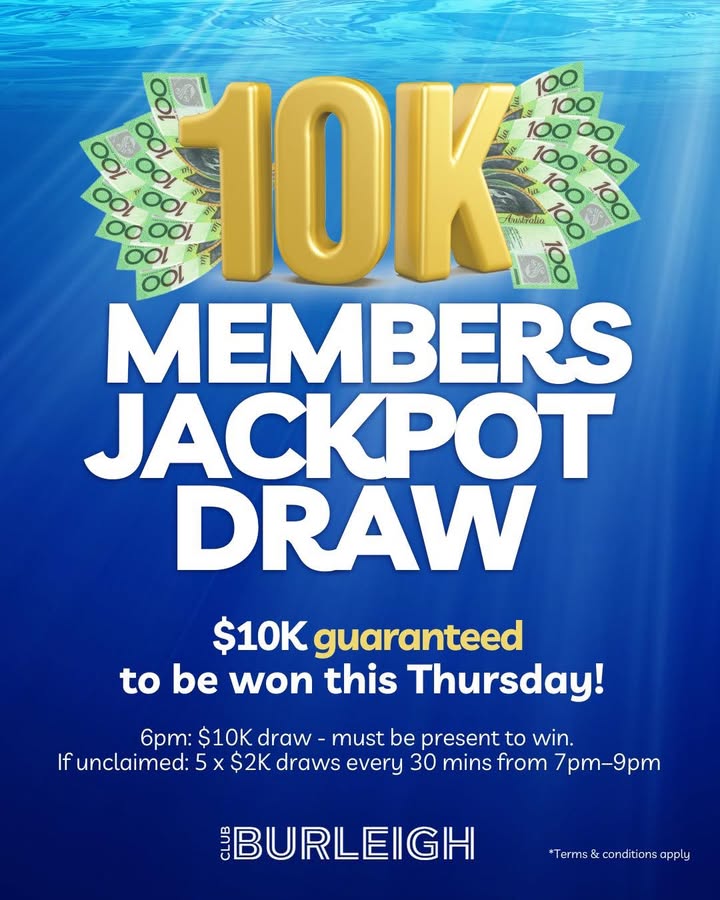 Featured image for “$10K Members Draw: Win $10,000 Cash at Club Burleigh”