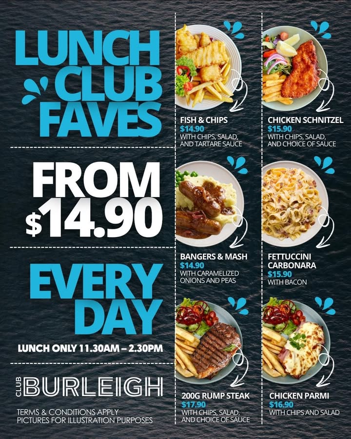 Featured image for “Club Burleigh Lunch Club Faves: Pub Favorites from $14.90”