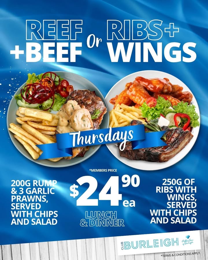 Featured image for “Tempting Thursdays at Club Burleigh: Reef + Beef & Ribs + Wings Specials”