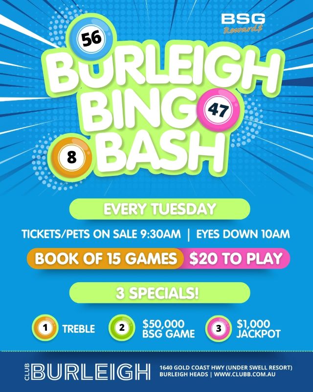 Featured image for “Burleigh Bingo Bash: Win $1000 Jackpot Every Tuesday at Club Burleigh”