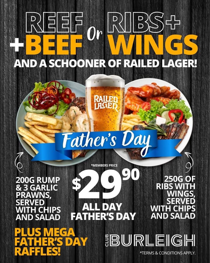 Featured image for “Father’s Day Special: Win Lunch Deals & Raffles at Club Burleigh”
