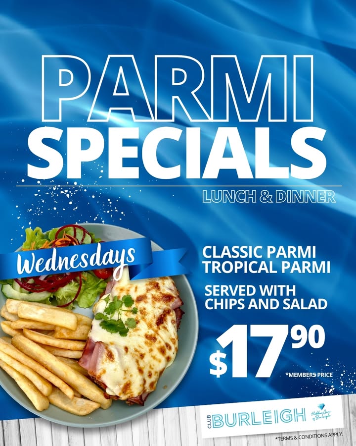 Featured image for “Wednesday Parmi Deal: Classic & Tropical Parmi for $17.90 at Club Burleigh”