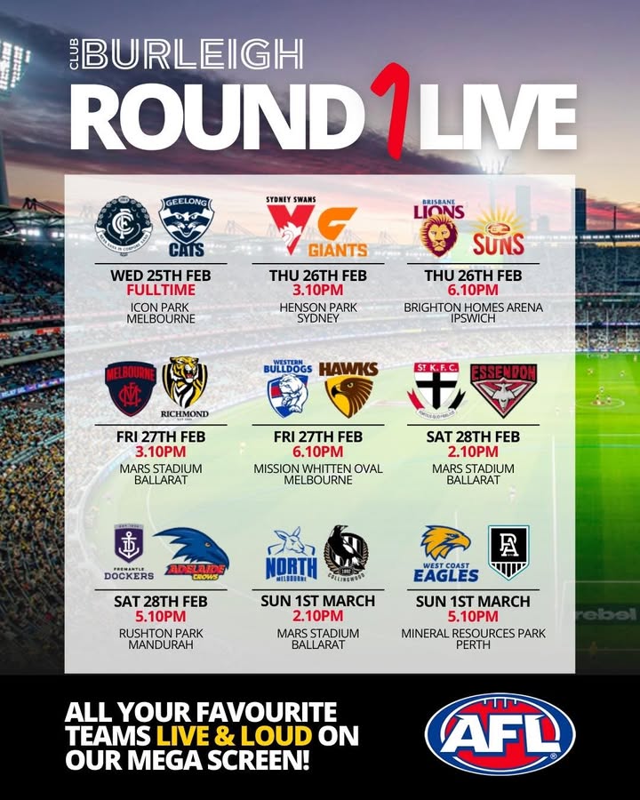 Featured image for “AFL Round 1 Live at Club Burleigh”