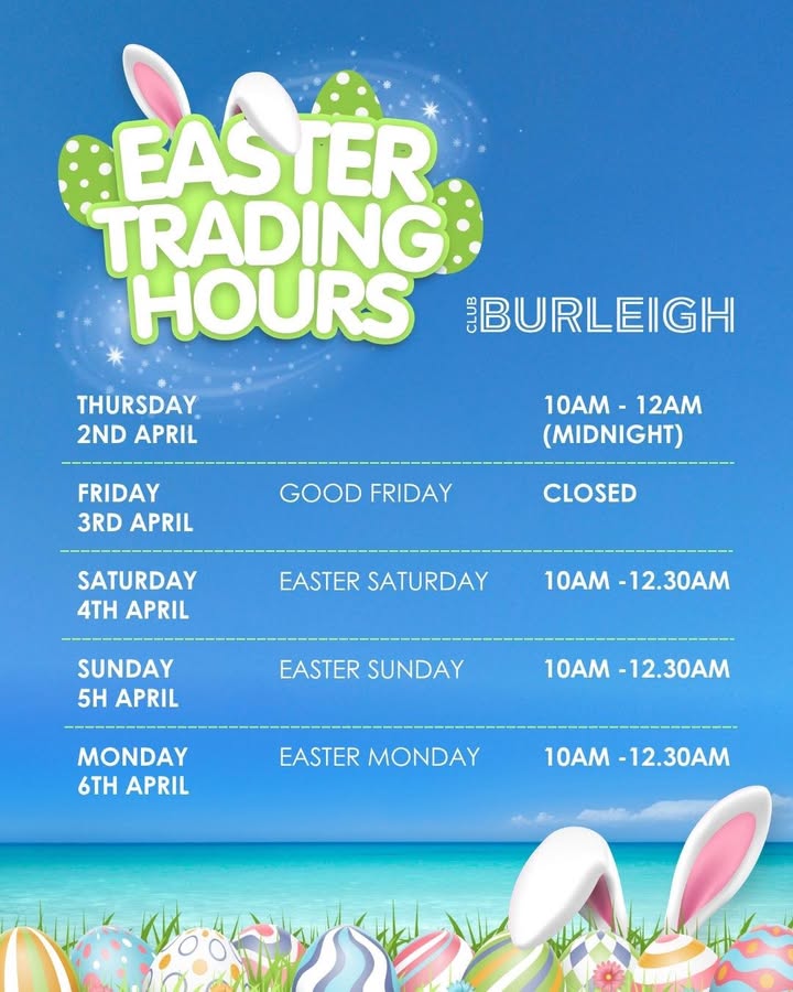 Featured image for “Easter Trading Hours at Club Burleigh”
