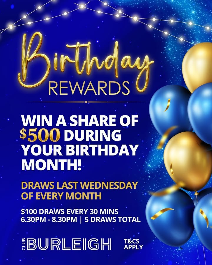 Featured image for “Birthday Rewards at Club Burleigh – Win a Share of $500”