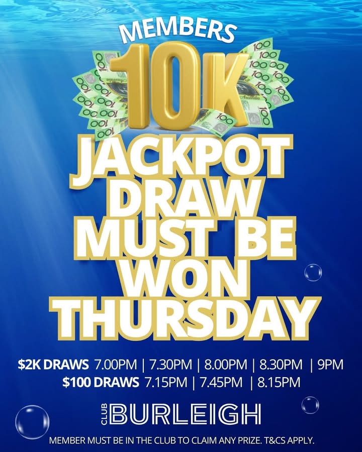 Featured image for “Club Burleigh $10K Members Jackpot Is Maxed Out This Thursday”
